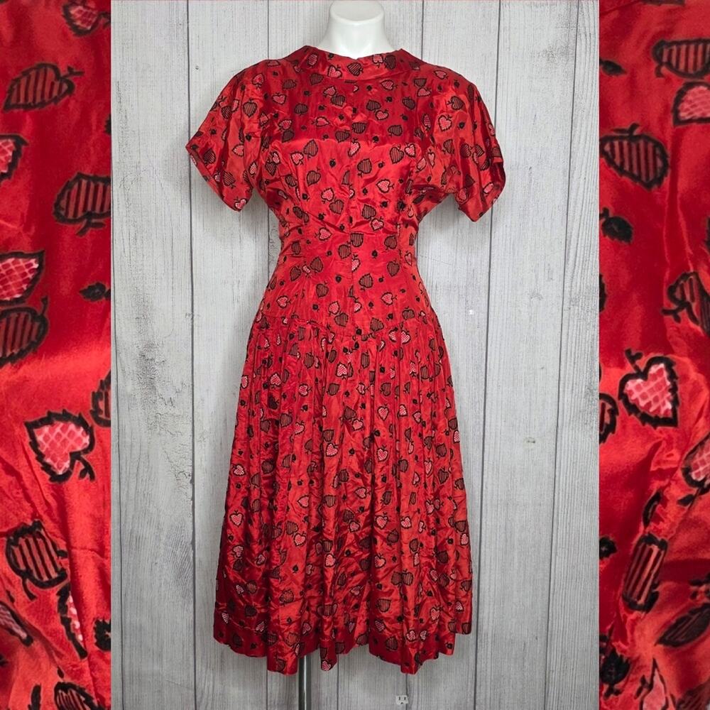 VTG 1950s Mode O’Day Flocked Leaf Heart Red Satin Fit & Flare Dress, sz Small